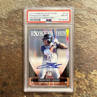 2011 Donruss Elite EX.ED. Francisco Lindor Prospect-Signature #395/557 PSA 8 HOT - Image 1 of 2