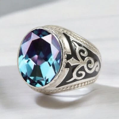 Piedras preciosas de alejandrita de corte ovalado con anillo de plata de ley 925 para hombre #605 Foto 1 de 4