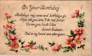 Postcard On Your Birthday Verse Pink Floral Boarder - Picture 1 of 2