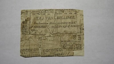 1761 Ten Shillings North Carolina NC Colonial Currency Note Bill! RARE 10s - Image 1 of 2