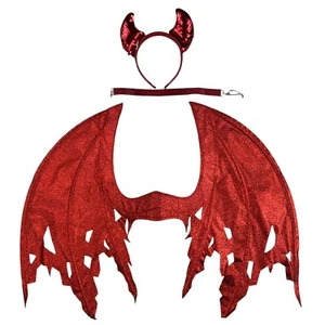 Rote Teufelsflügel Halloween Kostüm Mädchen funkelnde Teufelshörner & Halsband Halskette - Bild 1 von 9