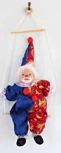 Vintage Small Clown Sitting on a Wooden Swing - Picture 1 of 3