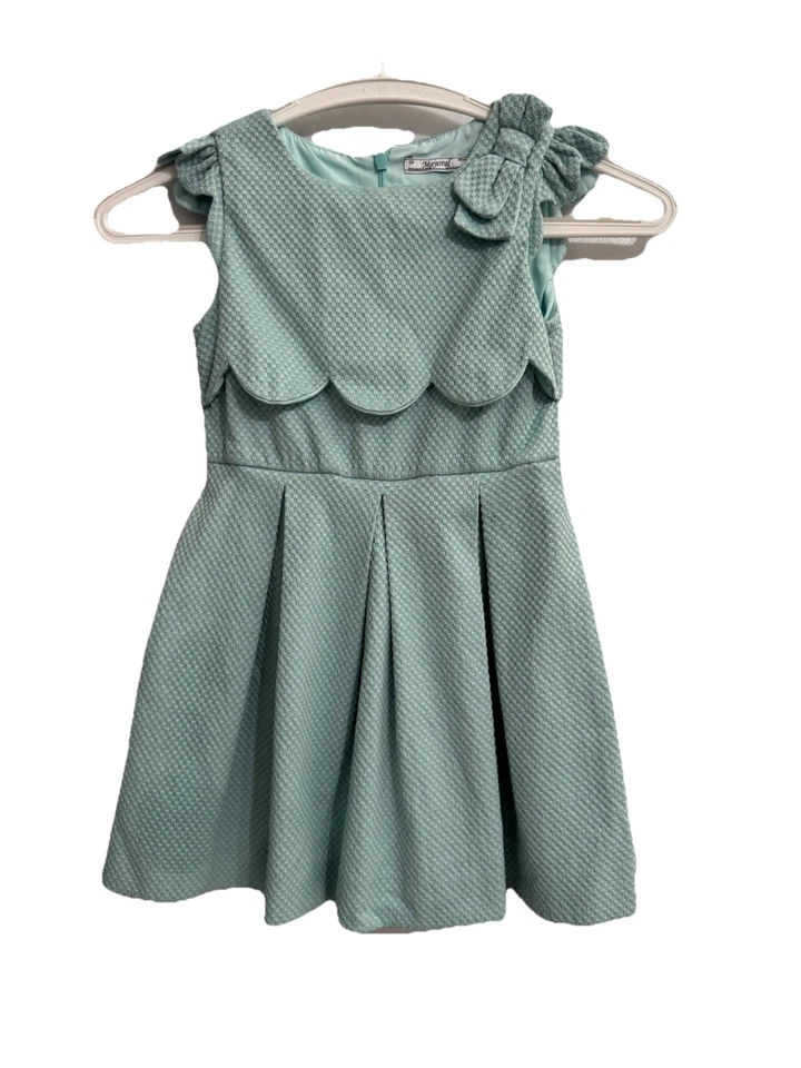 Mayoral Girls Size 6 Dress Light Teal Textured Bow Short Sleeve Holiday Party - Image 1 of 4