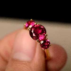 2CT Round Ruby Diamond Wedding Three-Stone Anniversary Ring 14K Yellow Gold Over - Picture 1 of 7