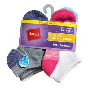 Hanes Girls' No Show Socks Value Pack 12pcs - Picture 1 of 3
