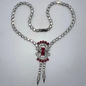 Collar Coro Años 40 Vintage Tono Plata Chapado en Rodio Rojo Transparente Estrás - Imagen 1 de 10