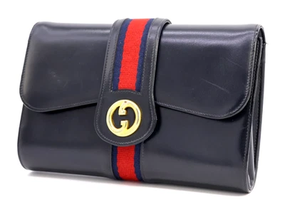 Gucci Vintage Bag Clutch Handbag GG Interlocking Sherry Leather Navy Authentic - Image 1 of 4