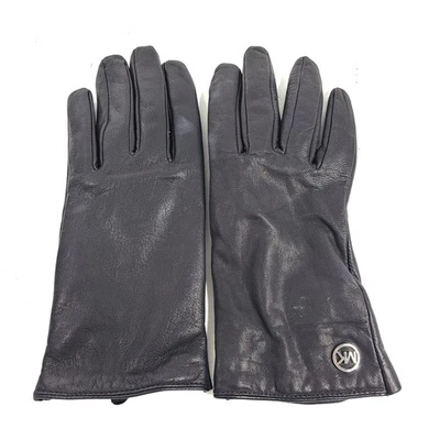 Guantes de cuero para mujer Michael Kors plateados con logotipo circular negros talla L Foto 1 de 4
