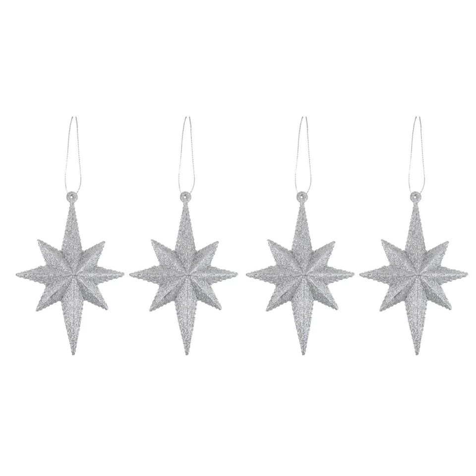 DAVIES PRODUCTS Christmas 4 Pack Hanging Glitter Starburst Stars Tree Decoration - Silver