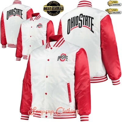 Jaqueta NCAA Script Ohio State Buckeyes branca/vermelha cetim bombardeiro Letterman Varsity - Imagem 1 de 4
