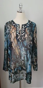 CHICO'S WOMEN'S EMBELLISHED BLOUSE TUNIC TOP LS MULTI SIZE 1 US 8-10 MEDIUM EUC - Picture 1 of 8