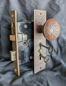Antique Vintage Old Eastlake Bronze Door Interior Lockset Glass Knobs Plate Lock