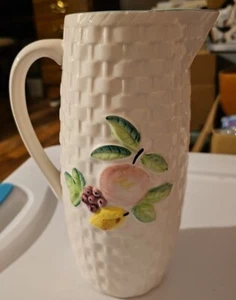 Vtg Pitcher Fruit Majolica Japan Basket Weave White 8 3/4” Tall Made In Japan - Picture 1 of 5