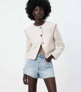 ZARA Ecru/ Cream Textured Blazer Jacket pronounced shoulder  XL Stylish Classic - Picture 1 of 14