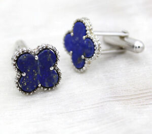 Natural CloverLapis Lazuli Flower Cufflinks 925 Sterling Silver Fathers Day Gift