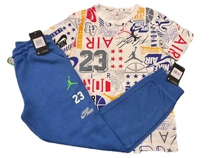 NWT NIKE AIR JORDAN BOY'S 2 PC SET WHITE SHORT SLEEVE & BLUE SWEATPANTS L 12-13 - Picture 1 of 4
