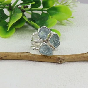Raw Aquamarine 925 Sterling Silver Bohemian Three Stone Cocktail Ring Jewelry - Picture 1 of 5