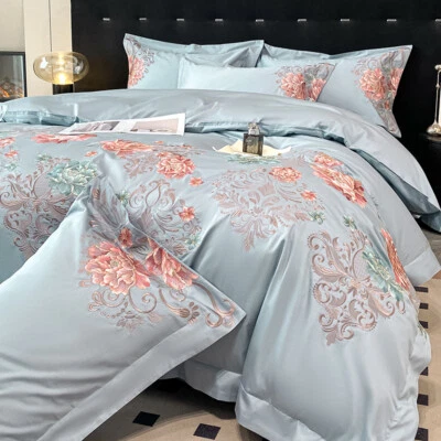 Bedding Set 4pcs Pure Cotton Embroidery Duvet Cover Bed Sheet 2 Pillowcases Blue - Image 1 of 4