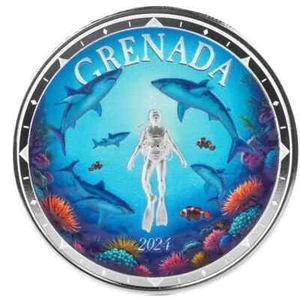 2024 Color EC8 Grenada | Shark Scuba Diver .999 Fine Silver Coin Proof AUF LAGER - Bild 1 von 5