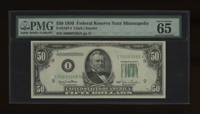 DBR 1950 $50 FRN Minneapolis Gem Fr. 2107-I PMG 65 EPQ Serial I00063268A - Image 1 of 2
