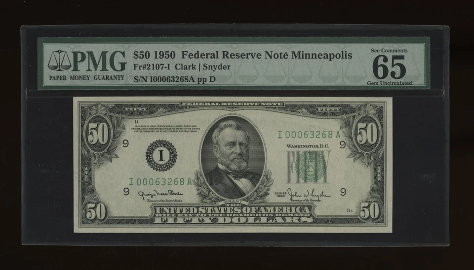 DBR 1950 $50 FRN Minneapolis Gem Fr. 2107-I PMG 65 EPQ Serial I00063268A - Image 1 of 2