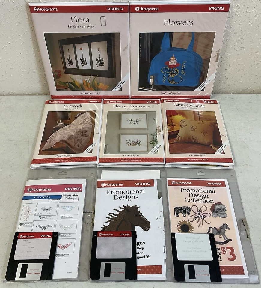 Lote de 8 discos y juego de libros de diseño bordados Husqvarna Viking Foto 1 de 4