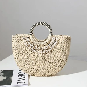Straw Woven Tote – Cream, Shell Detail, Lined, Drawstring, Resort Beach Bag NWT - Picture 1 of 3