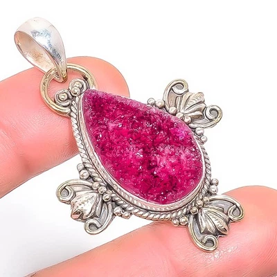 Pink Quartz Drusy Gemstone Silver Plated Bali Pendant 2.07" T3, Christmas Gift - Image 1 of 3