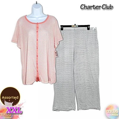Nuevo con etiquetas Charter Club Mujer XXL Algodón Cuello Redondo Botón Conjunto Rayas Surtido Foto 1 de 4