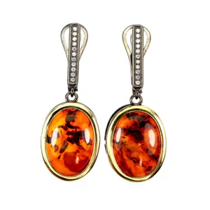 925 Sterling Silver Earrings Oval Orange Amber Poland 16x12mm Gemstone Jewelry - Picture 1 of 10