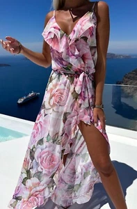 Women’s Pink Floral Wrap Maxi Dress Summer Chiffon Beach Dress Frill Holiday - Picture 1 of 5