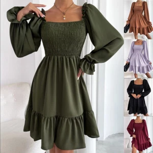 Hot selling new minimalist square neckline dress with ruffled hem and hem - Picture 1 of 29