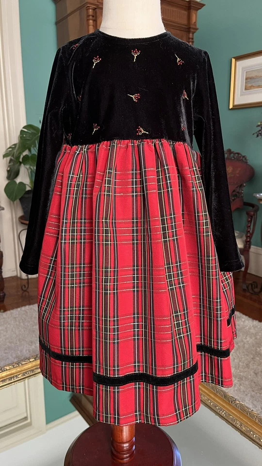 Delightful Sz4 Holiday Dress Velveteen Top &Tartan Plaid Satin Organza Skirt EUC - Image 1 of 4