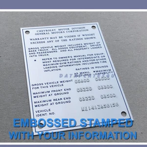 1970 1971 1972 EMBOSSED CHEVROLET PLATE DATA TAG C10 C20 K10 K20 GMC TRUCK - Picture 1 of 2