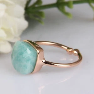 Gift For Her Natural Amazonite Band Square Shape Adjustable Ring 925 Silver - Picture 1 of 11