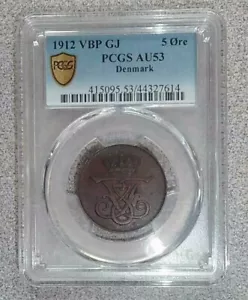 1912 VBP CJ Denmark 5 Ore PCGS AU53 KM 806 Bronze - Picture 1 of 2