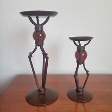 2 Brutalist Gothic Candle Holders Cast Iron With Glass Amber Ball Sphere Set-2