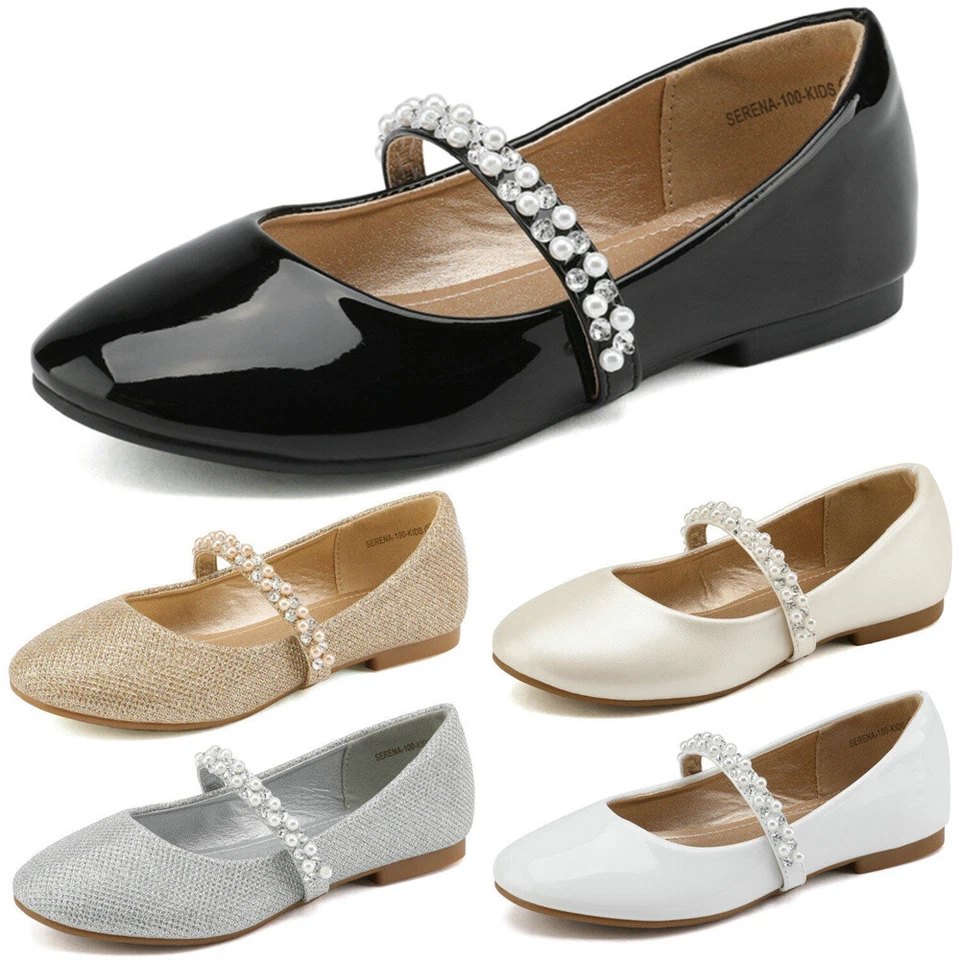 Niñas Mary Jane Zapatos de Vestir Planos Estrás Boda Baile Zapatos Foto 1 de 4
