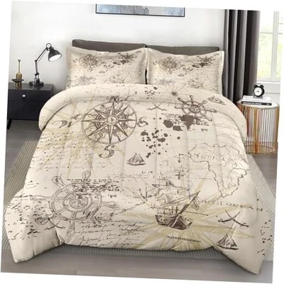 Juego de edredón tamaño, mapa de aventura vintage suave 3 piezas ropa de cama queen mapa náutico Foto 1 de 4