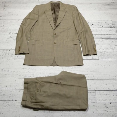 Hickey Freeman Suit Mens 42 Long Tan Plaid 100% Wool Twill Blazer Pants Set - Image 1 of 4