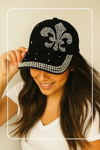 Rhinestone Fleur De Lis Baseball Cap - Sparkle & Shine Like A Disco Ball! Adjust - Picture 1 of 8