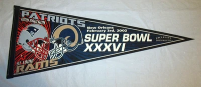 Banderín tamaño completo original Super Bowl XXXVI 2002 New England Patriots vs Rams Foto 1 de 3