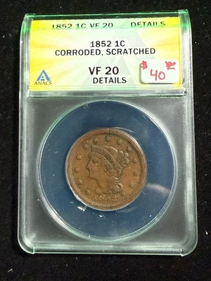 1852 BRAIDED HAIR LARGE CENT ANACS VF 20 DETAILS SCRATCHED CORRODED - Image 1 of 4