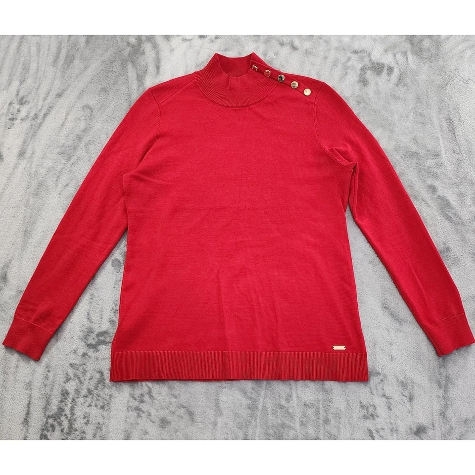 Suéter Calvin Klein manga longa gola botão tamanho P ouro vermelho pulôver elástico - Imagem 1 de 4
