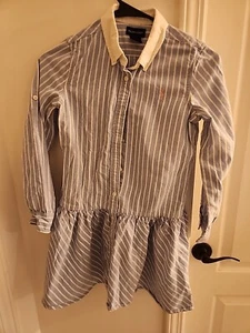 Ralph Lauren Girls Long Sleeve Button Front Shirt Dress Logo Sz 10 Blue Oxford  - Picture 1 of 6