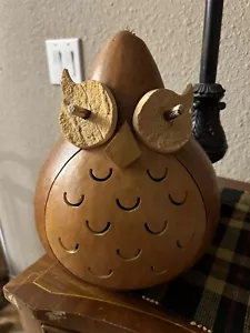 Large Carved & Lighted Dried Gourd Luminary Owl Nature - Picture 1 of 4