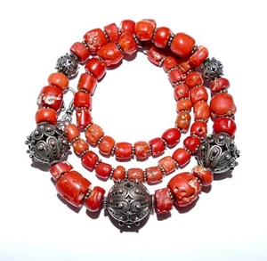 c1900s Yemeni Bawsani Natural Coral Filigree Silver Beads Bridal Dowry Necklace - Picture 1 of 12