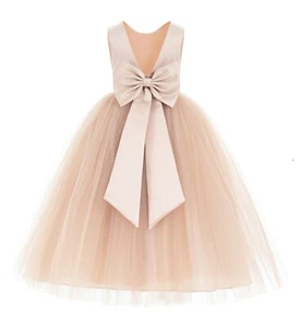 Satin Flower Girl Dress with Bow Party Dresses Bridesmaid Dress Graduation Dress - Picture 1 of 29