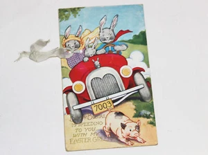 Tarjeta de vacaciones antigua de colección de saludos de Pascua conejo cerdo cerdo animal conejo - Imagen 1 de 4