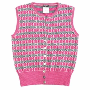 CHANEL Clover Allover Print Kaschmir Weste ärmellos Strick Pullover Gr. 38 gebraucht - Bild 1 von 9